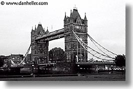 black and white, bridge, cities, england, english, europe, horizontal, london, tower bridge, towers, united kingdom, photograph