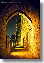 arches, carcassonne, castles, cobblestones, europe, france, vertical, photograph