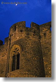 carcassonne, castles, europe, france, moon, nite, vertical, photograph