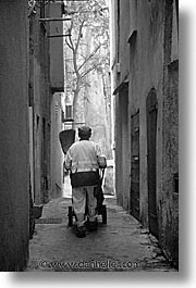 black and white, bonifacio, corsica, europe, france, streets, sweepers, towns, vertical, photograph