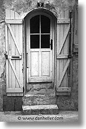 black and white, bonifacio, corsica, doors, europe, france, shutters, vertical, windows, photograph