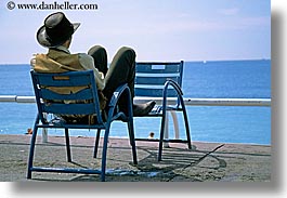 chairs, cowboys, europe, france, horizontal, nice, ocean, seas, watching, photograph