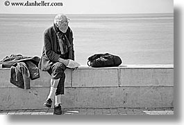 black and white, europe, france, grumpy, horizontal, men, nice, ocean, old, photograph
