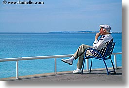chairs, europe, france, horizontal, men, nice, ocean, seas, watching, photograph