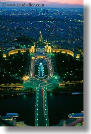 aerials, dusk, europe, france, glow, lights, palais de chaillot, paris, perspective, vertical, photograph