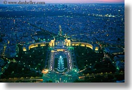 aerials, dusk, europe, france, glow, horizontal, lights, palais de chaillot, paris, perspective, photograph
