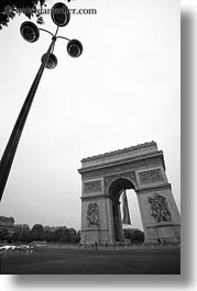 arc de triomphe, black and white, europe, france, lamp posts, paris, vertical, photograph