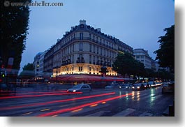 buildings, dusk, europe, fouquet restaurant, france, glow, horizontal, light streaks, lights, paris, traffic, transportation, photograph