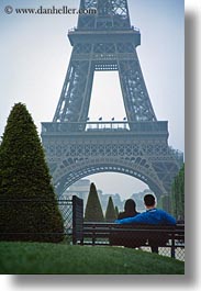 benches, buildings, couples, eiffel tower, europe, france, haze, paris, structures, towers, vertical, photograph