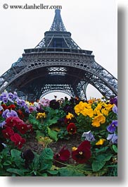 buildings, eiffel tower, europe, fisheye lens, flowers, france, haze, paris, perspective, structures, towers, upview, vertical, photograph