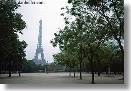 buildings, eiffel tower, europe, france, haze, hazy, horizontal, paris, structures, towers, trees, photograph