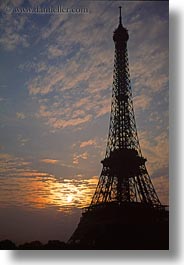 buildings, clouds, eiffel tower, europe, france, glow, lights, nature, paris, sky, structures, sunrise, towers, vertical, photograph