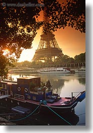 boats, buildings, eiffel tower, europe, france, glow, lights, nature, paris, rivers, seine, structures, sunrise, towers, transportation, vertical, water, photograph
