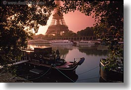 boats, buildings, eiffel tower, europe, france, glow, horizontal, lights, nature, paris, rivers, seine, structures, sunrise, towers, transportation, water, photograph