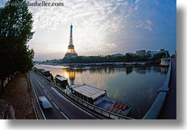 boats, buildings, clouds, eiffel tower, europe, fisheye lens, france, horizontal, nature, paris, rivers, seine, sky, structures, sunrise, towers, transportation, water, photograph