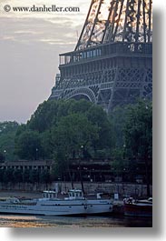 boats, buildings, clouds, eiffel tower, europe, france, nature, paris, rivers, seine, sky, structures, sunrise, towers, transportation, vertical, water, photograph