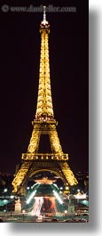 buildings, eiffel tower, europe, france, glow, light streaks, lights, nite, paris, structures, towers, traffic, vertical, photograph