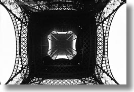 black and white, buildings, eiffel tower, europe, fisheye lens, france, horizontal, paris, perspective, structures, towers, upview, photograph