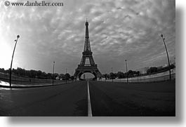 black and white, buildings, clouds, eiffel tower, europe, fisheye lens, france, horizontal, middle, nature, paris, sky, streets, structures, towers, photograph