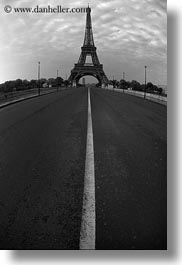 black and white, buildings, clouds, eiffel tower, europe, fisheye lens, france, middle, nature, paris, sky, streets, structures, towers, vertical, photograph