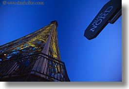 buildings, eiffel tower, europe, france, glow, horizontal, lights, north, paris, perspective, signs, structures, towers, upview, photograph