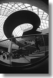 black and white, circular, europe, france, glasses, louvre, materials, paris, stairs, vertical, photograph