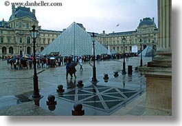 buildings, courtyard, europe, france, glasses, horizontal, louvre, materials, paris, pyramids, structures, photograph