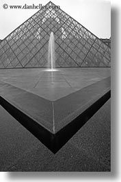 black and white, buildings, europe, fountains, france, glasses, louvre, materials, paris, pyramids, structures, vertical, photograph