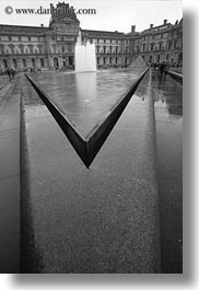 black and white, buildings, europe, fountains, france, louvre, paris, pyramids, structures, vertical, photograph