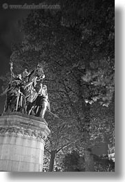black and white, europe, france, glow, horses, lights, nite, notre dame, paris, statues, trees, vertical, photograph