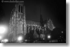 black and white, europe, france, glow, horizontal, lights, nite, notre dame, paris, photograph