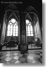 black and white, cloisters, europe, france, glow, lights, materials, notre dame, paris, stained glass, vertical, windows, photograph