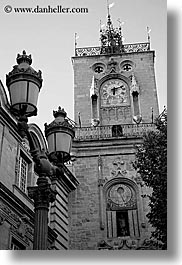 aix en provence, black and white, buildings, city hall, clock tower, europe, france, lamp posts, provence, structures, towers, vertical, photograph