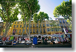 aix en provence, buildings, colors, europe, france, green, horizontal, market, provence, structures, tents, trees, photograph