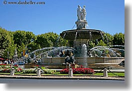 aix en provence, europe, flowers, fountains, france, horizontal, nature, plants, provence, rotunda, structures, trees, photograph