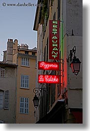 aix en provence, dusk, europe, france, lamp posts, neon, pizzeria, provence, signs, vertical, photograph