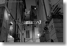 aix en provence, black and white, europe, france, horizontal, lights, nite, provence, restaurants, signs, slow exposure, photograph