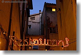 aix en provence, europe, france, horizontal, lights, nite, provence, restaurants, signs, slow exposure, photograph