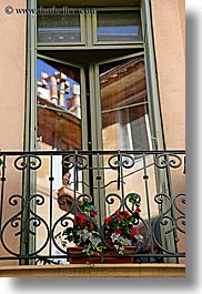 aix en provence, balconies, europe, flowers, france, provence, reflections, vertical, windows, photograph