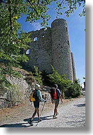 bargeme, castles, europe, france, hikers, hiking, materials, nature, people, plants, provence, stones, trees, vertical, photograph