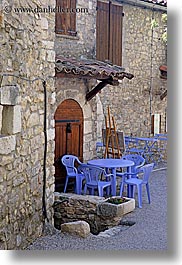 bargeme, chairs, colors, europe, france, materials, plastic, provence, purple, stones, tables, vertical, photograph