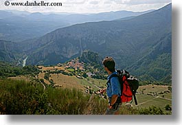 backpack, castellane, clothes, colors, europe, france, hikers, hilltop, horizontal, men, nicos, people, provence, red, scenics, villages, photograph