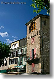 blues, buildings, castellane, europe, france, provence, sky, towns, vertical, photograph
