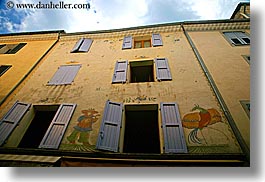 castellane, colors, europe, france, horizontal, murals, oranges, provence, towns, windows, photograph