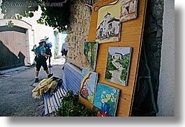 castellane, colorful, colors, europe, france, hikers, horizontal, paintings, provence, towns, photograph