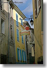 buildings, castellane, colorful, europe, france, pizzeria, provence, signs, towns, vertical, photograph