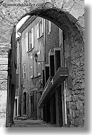 arches, archways, black and white, europe, fayence, france, narrow, provence, streets, structures, vertical, photograph