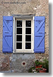 blues, colors, europe, fayence, france, provence, purple, shuttered, vertical, windows, photograph