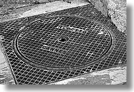 black and white, cannes, covers, europe, fayence, france, horizontal, manholes, provence, photograph