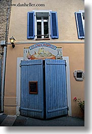 blues, cheese, colors, doors, europe, fayence, france, provence, stores, vertical, windows, photograph